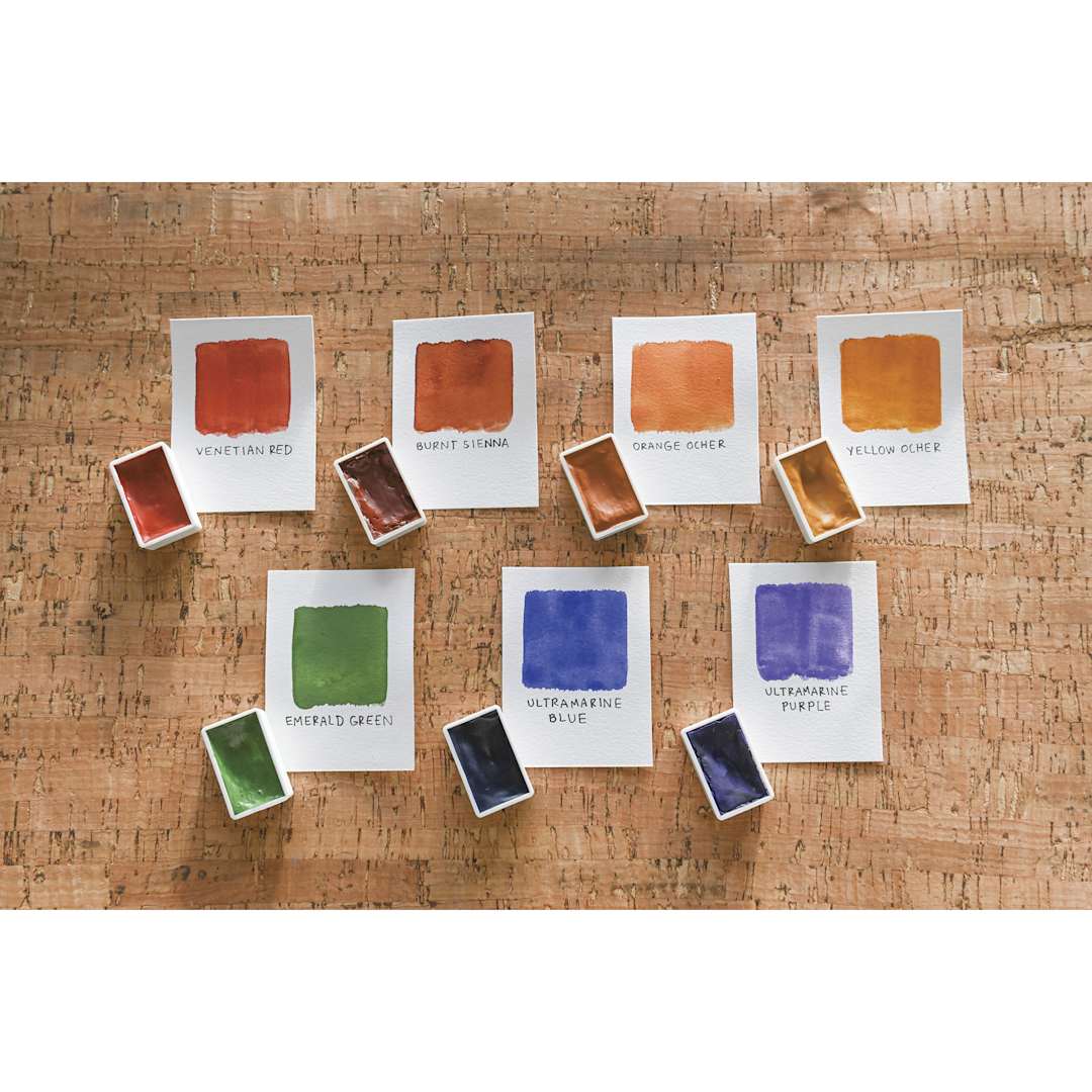 Open in modal - Natural Earth Paint Natural Watercolor Kit - paint pans beside painted color swatches