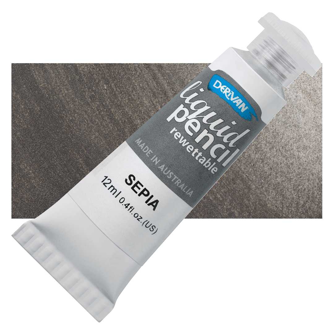 Open in modal - Derivan Rewettable Liquid Pencil Tube - Sepia, 12 ml, bottle with swatch