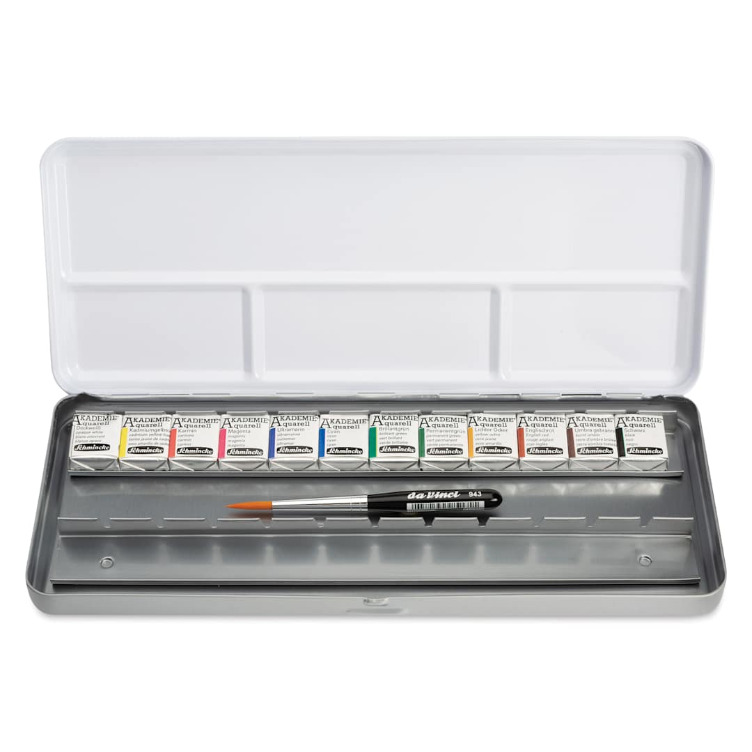 Open in modal - Schmincke Akademie Aquarell Watercolor Pans - Set of 12 with Brush, Metal Case, Assorted Colors, Half Pans