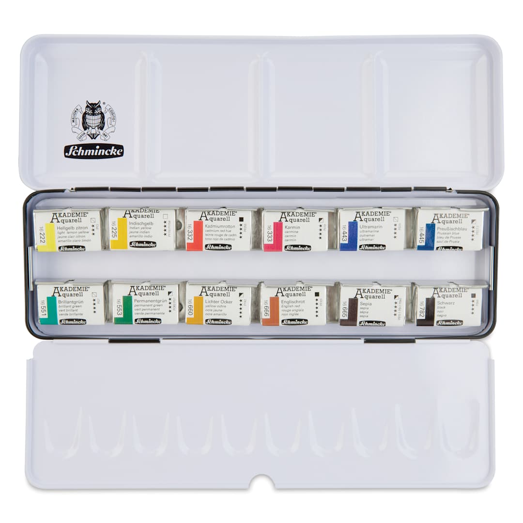 Open in modal - Schmincke Akademie Aquarell Watercolor Pans - Set of 12, Metal Case, Full Pans