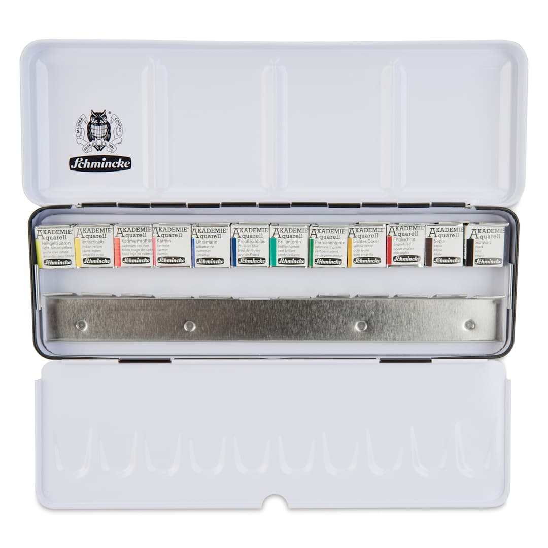 Open in modal - Schmincke Akademie Aquarell Watercolor Pans - Set of 12, Long Metal Case, Half Pans