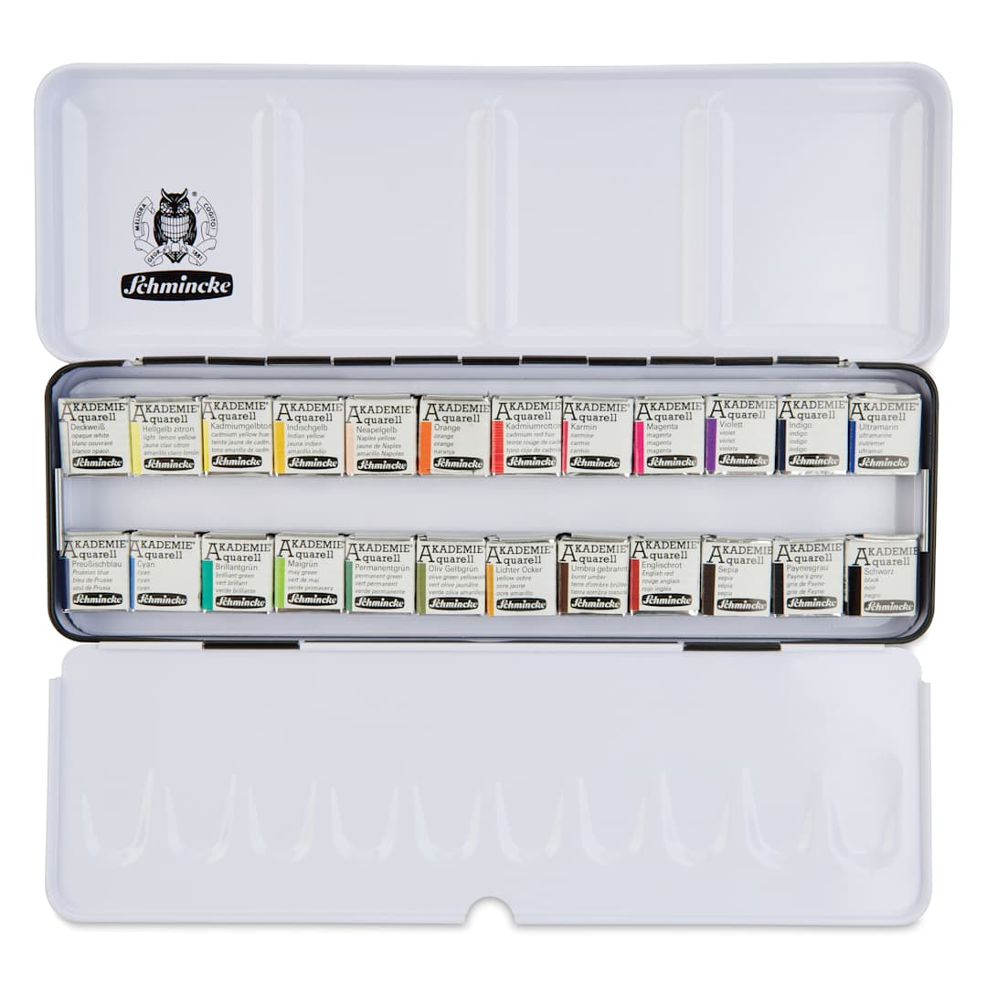 Open in modal - Schmincke Akademie Aquarell Watercolor Pans - Set of 24, Metal Case, Half Pans