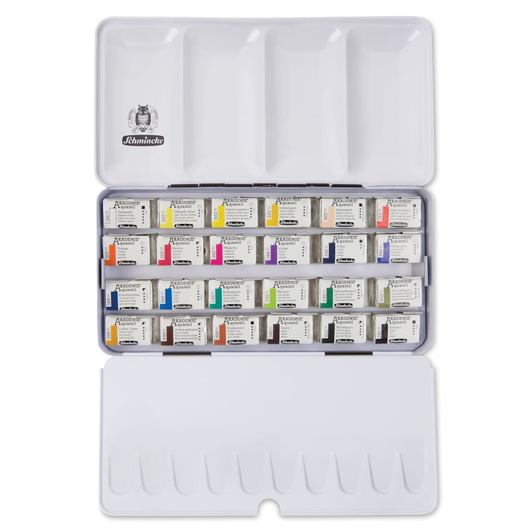 Open in modal - Schmincke Akademie Aquarell Watercolor Pans - Set of 24, Metal Case, Full Pans