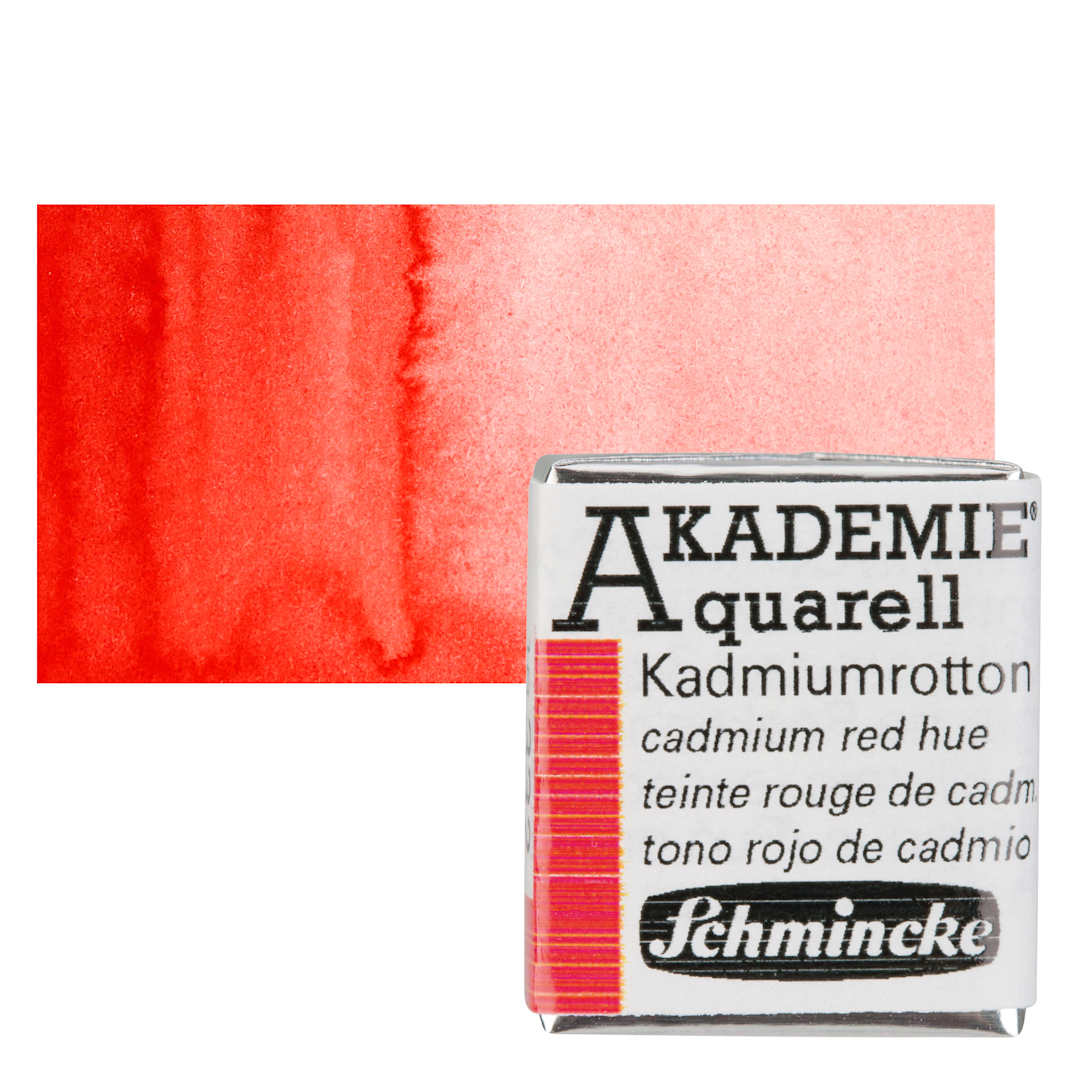 Open in modal - Schmincke Akademie Aquarell Watercolor Pan - Cadmium Red Hue, Half Pan and swatch