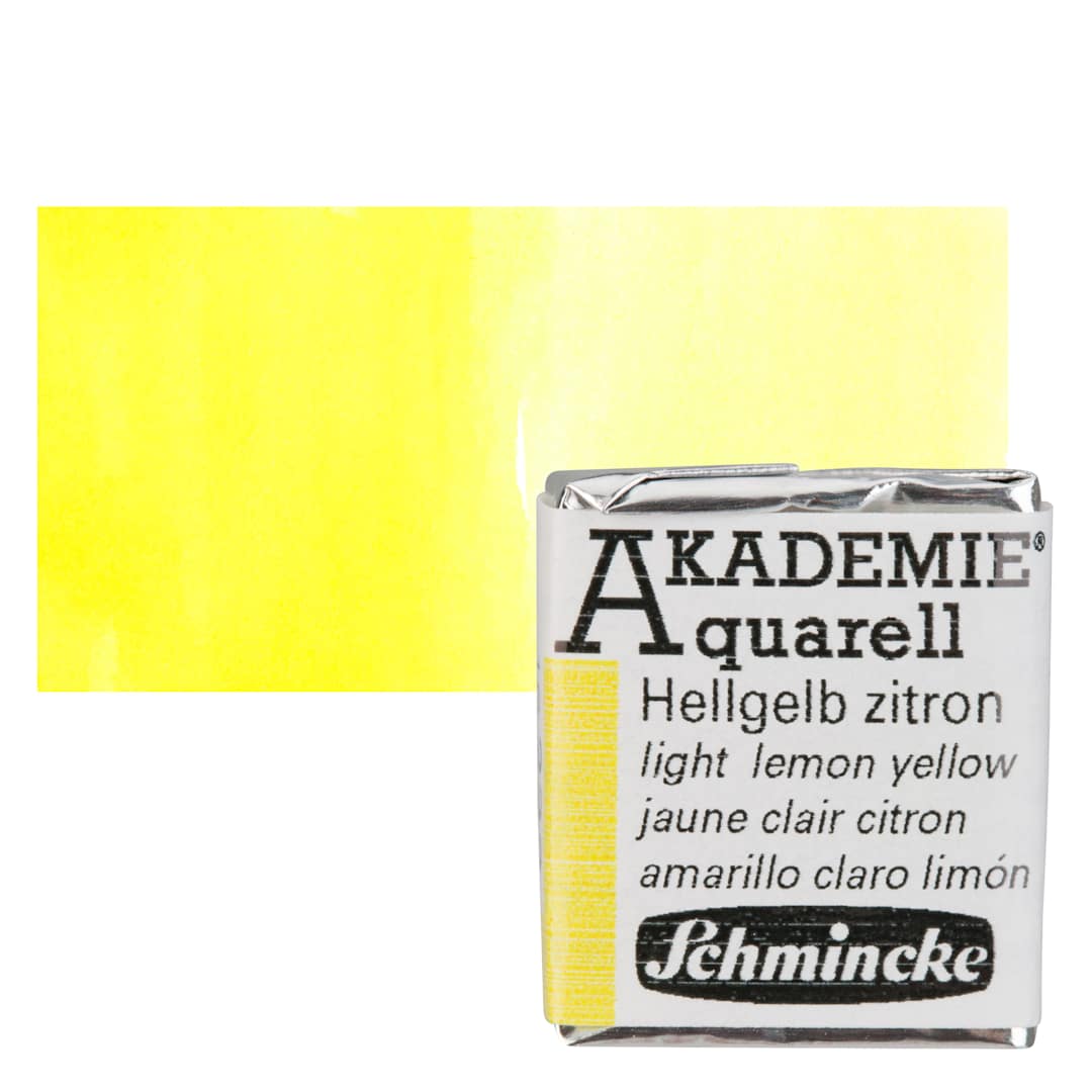 Open in modal - Schmincke Akademie Aquarell Watercolor Pan - Light Lemon Yellow, Half Pan and swatch
