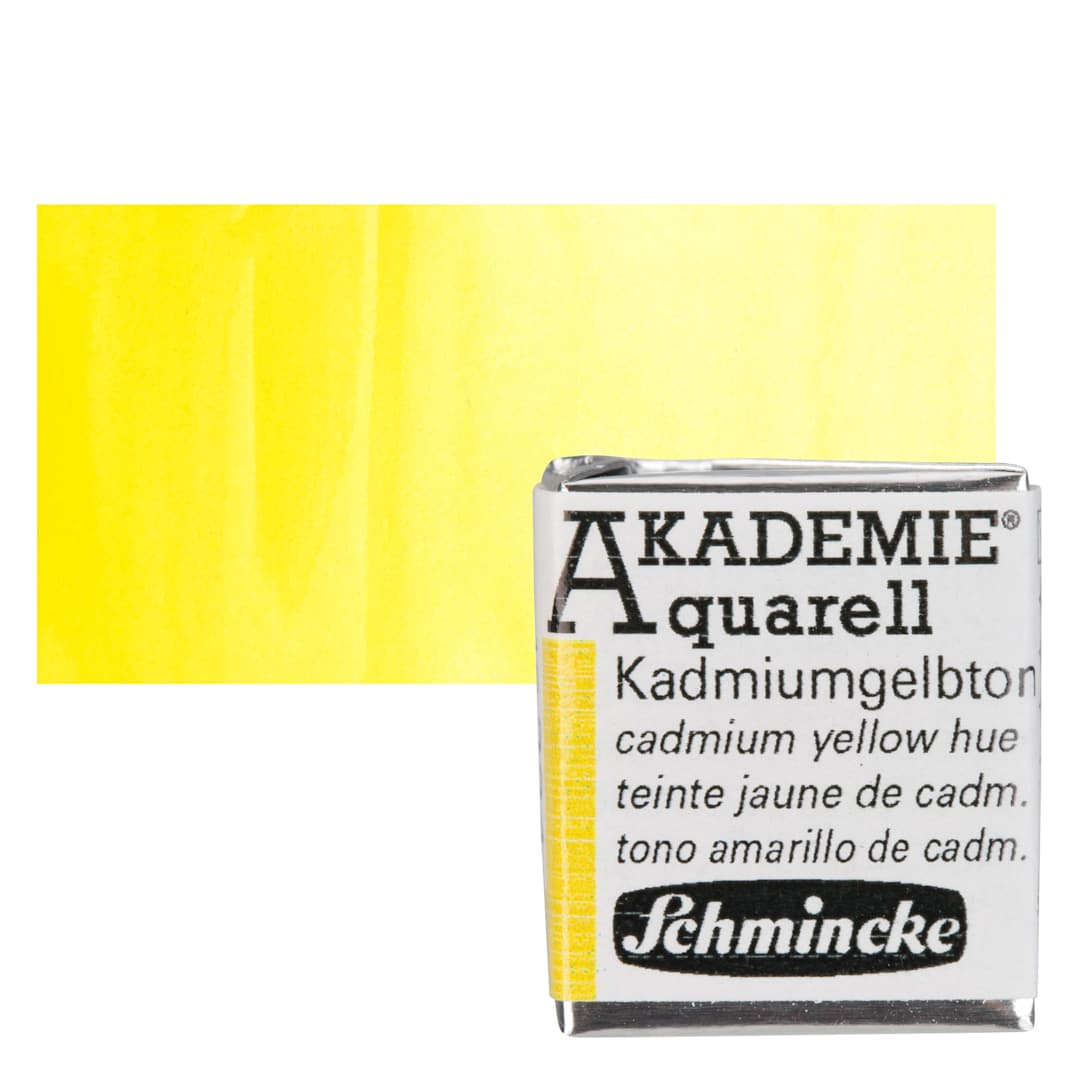 Open in modal - Schmincke Akademie Aquarell Watercolor Pan - Cadmium Yellow Hue, Half Pan and swatch
