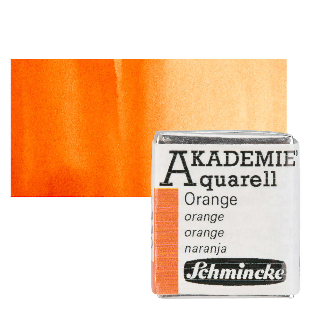 Open in modal - Schmincke Akademie Aquarell Watercolor Pan - Orange, Half Pan and swatch