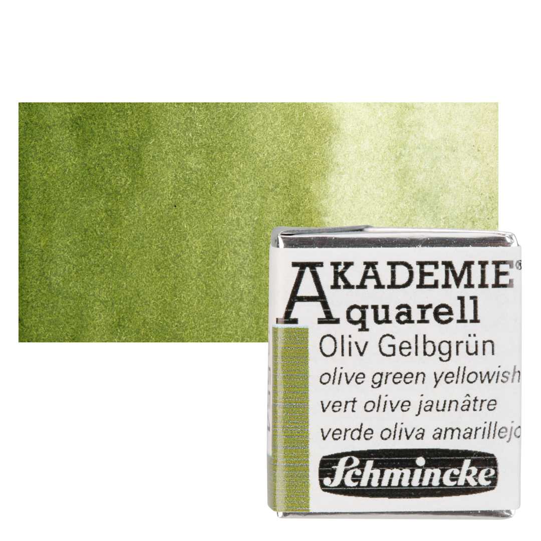 Open in modal - Schmincke Akademie Aquarell Watercolor Pan - Olive Green Yellowish, Half Pan and swatch