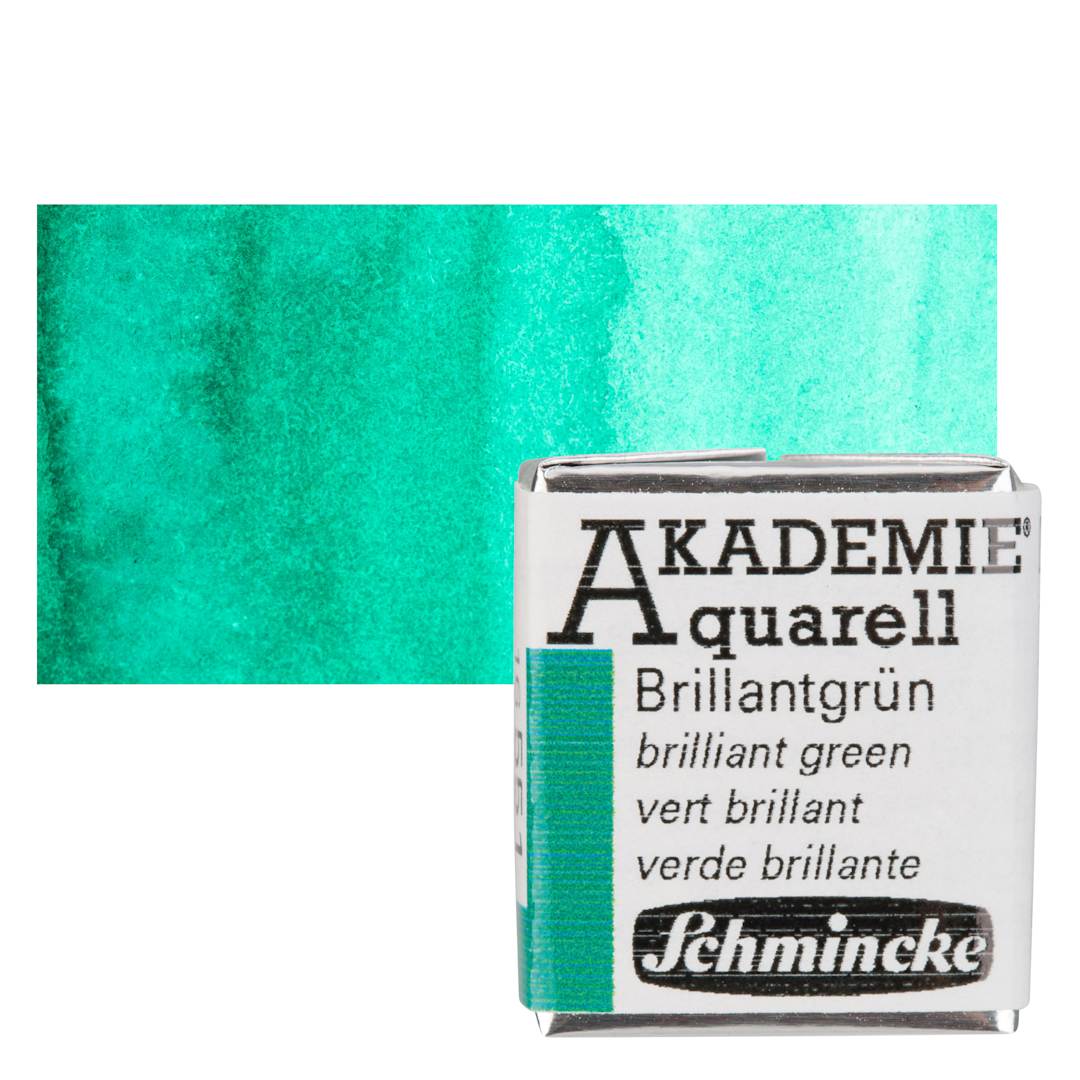 Open in modal - Schmincke Akademie Aquarell Watercolor Pan - Brilliant Green, Half Pan and swatch