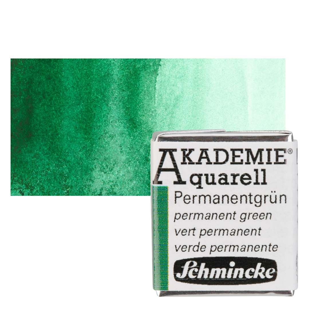 Open in modal - Schmincke Akademie Aquarell Watercolor Pan - Permanent Green, Half Pan and swatch
