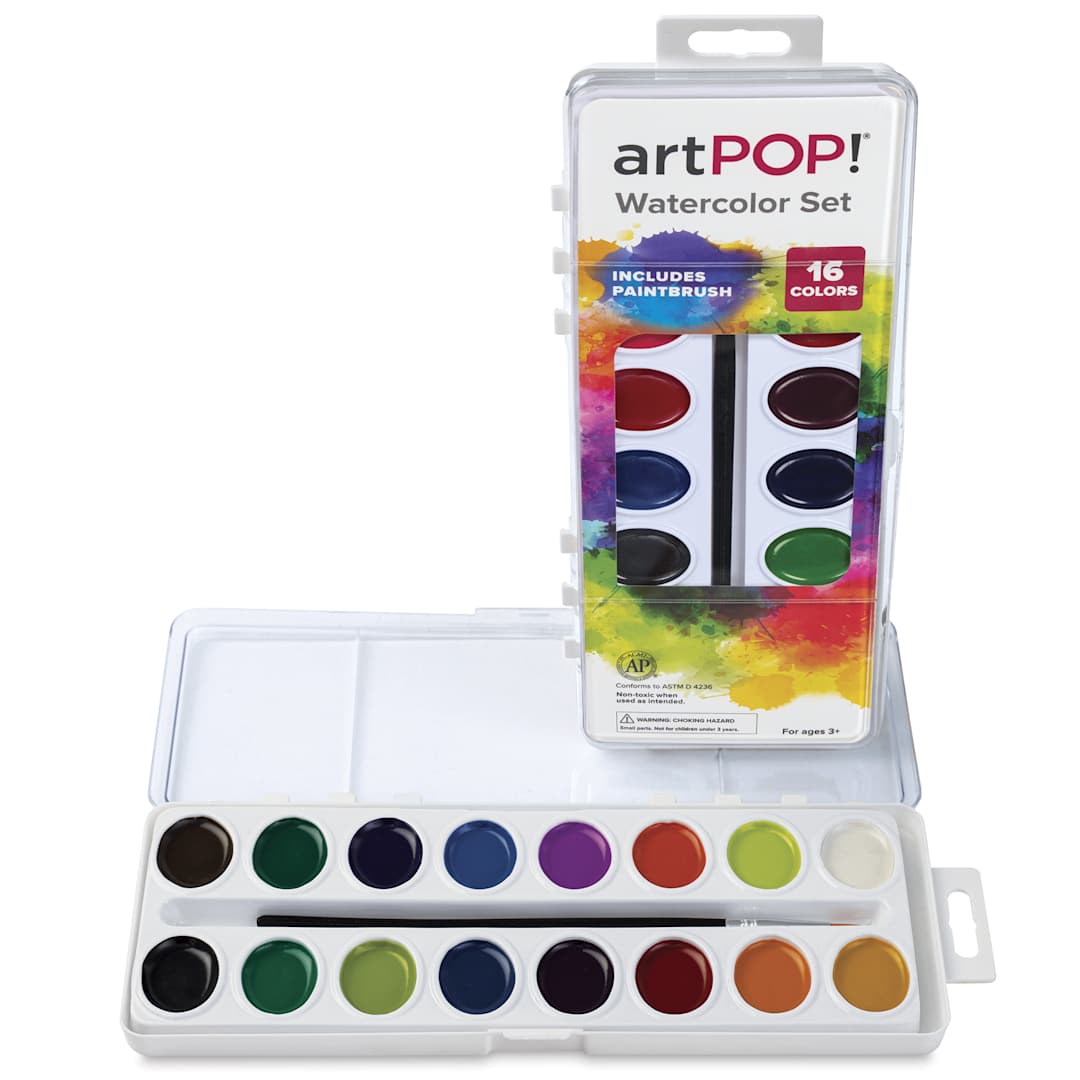 Open in modal - artPOP! Oval Watercolor Pan Set - Set of 16, Assorted Colors, open and closed set