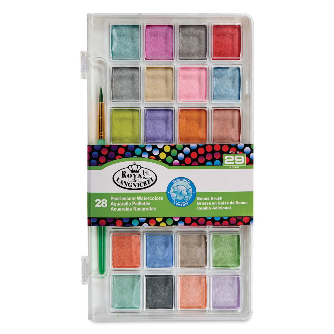 Open in modal - Royal & Langnickel Essentials Watercolor Pan Set - Set of 28, Pearlescent front of package