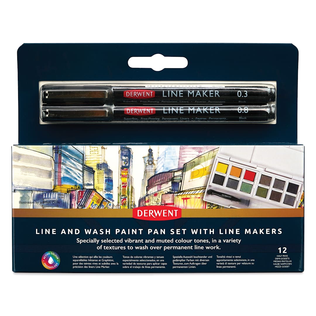 Open in modal - Derwent Line and Wash Paint Pan Set - Set of 12, Assorted Colors, front view of the packaging