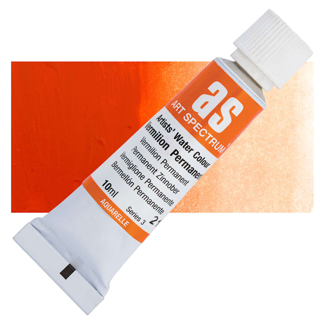 Open in modal - Art Spectrum Artists’ Watercolor Tube - Vermilion Permanent, 10 ml tube and swatch