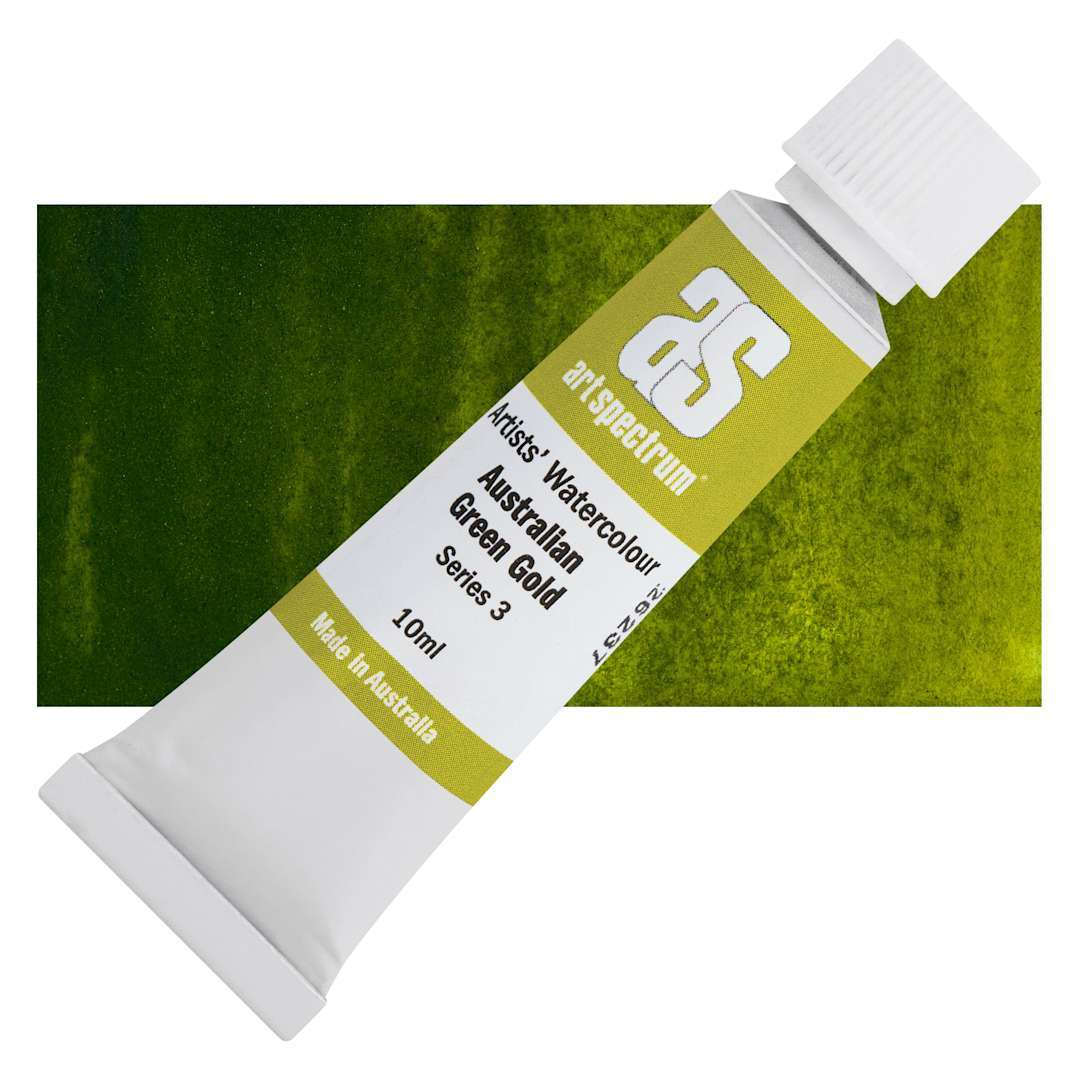 Open in modal - Art Spectrum Artists’ Watercolor Tube - Australian Green Gold, 10 ml tube and swatch