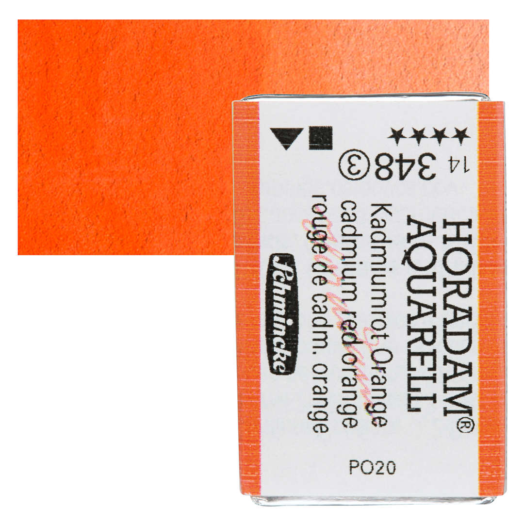 Open in modal - Schmincke Horadam Aquarell Watercolor - Cadmium Red Orange, Full Pan and swatch