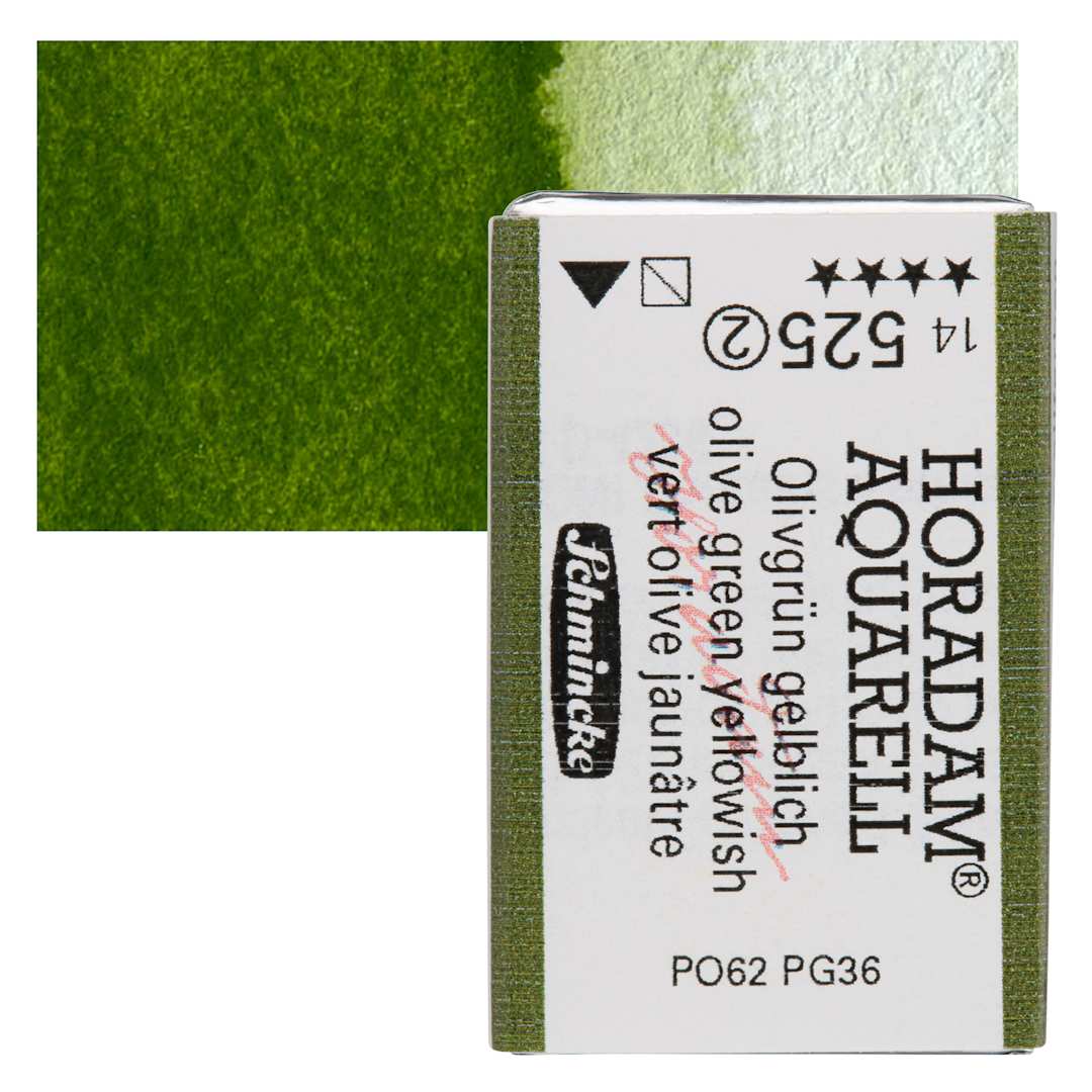 Open in modal - Schmincke Horadam Aquarell Watercolor - Olive Green Yellowish, Full Pan and swatch