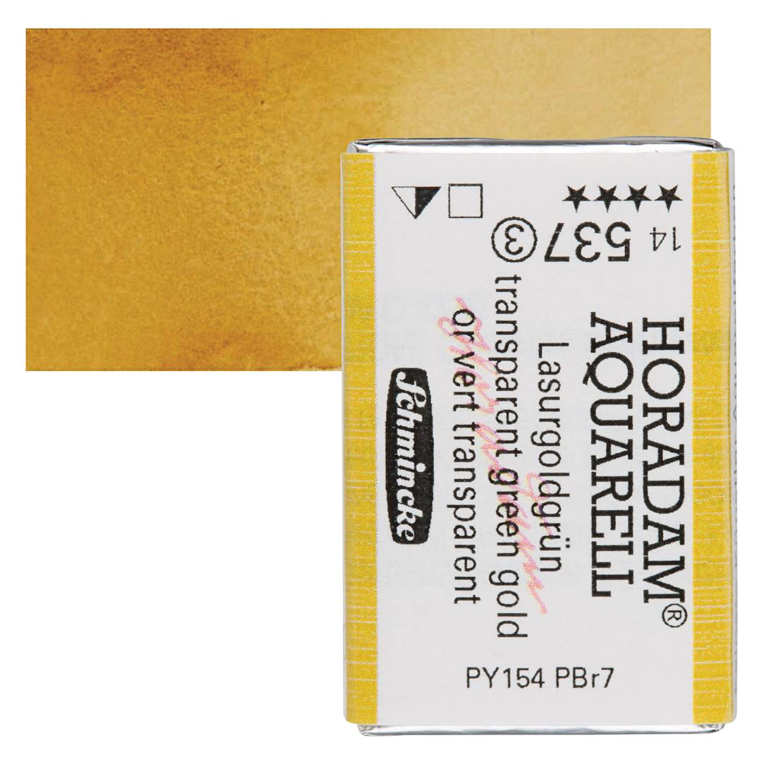 Open in modal - Schmincke Horadam Aquarell Watercolor - Transparent Green Gold, Full Pan and swatch