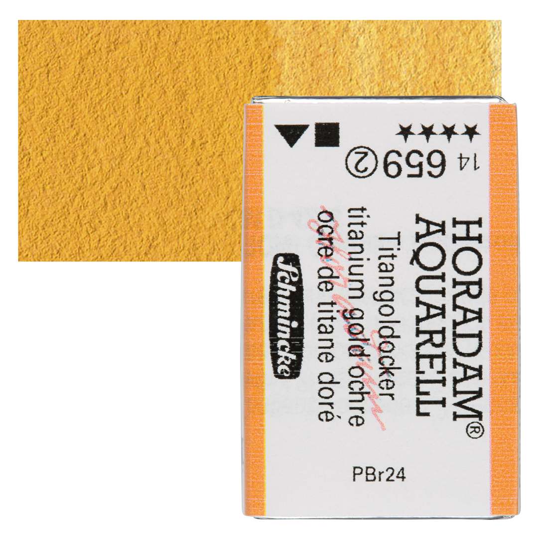 Open in modal - Schmincke Horadam Aquarell Watercolor - Titanium Gold Ochre, Full Pan and swatch