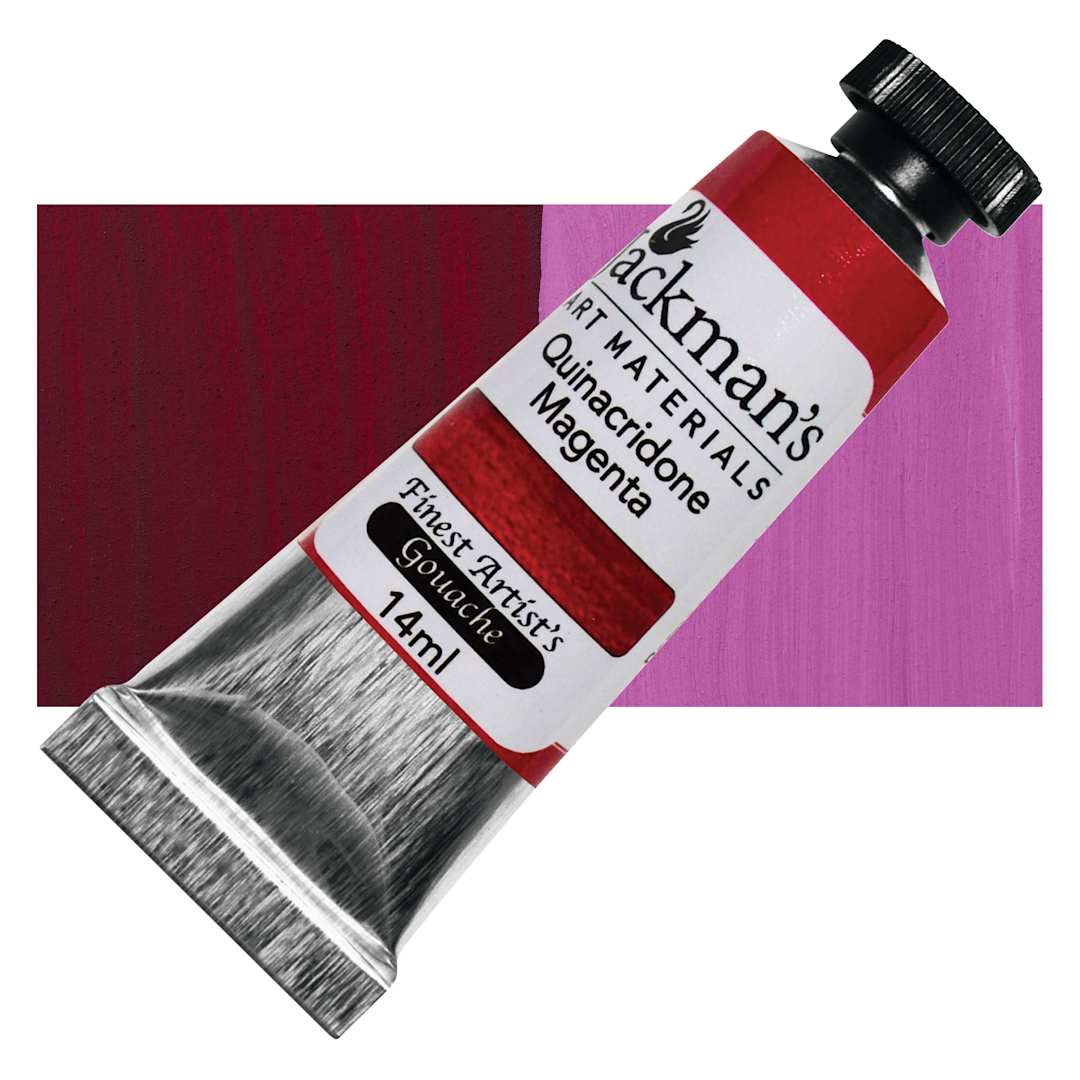 Open in modal - Jackman's Finest Artists' Gouache - Quinacridone Magenta, 14 ml tube and swatch