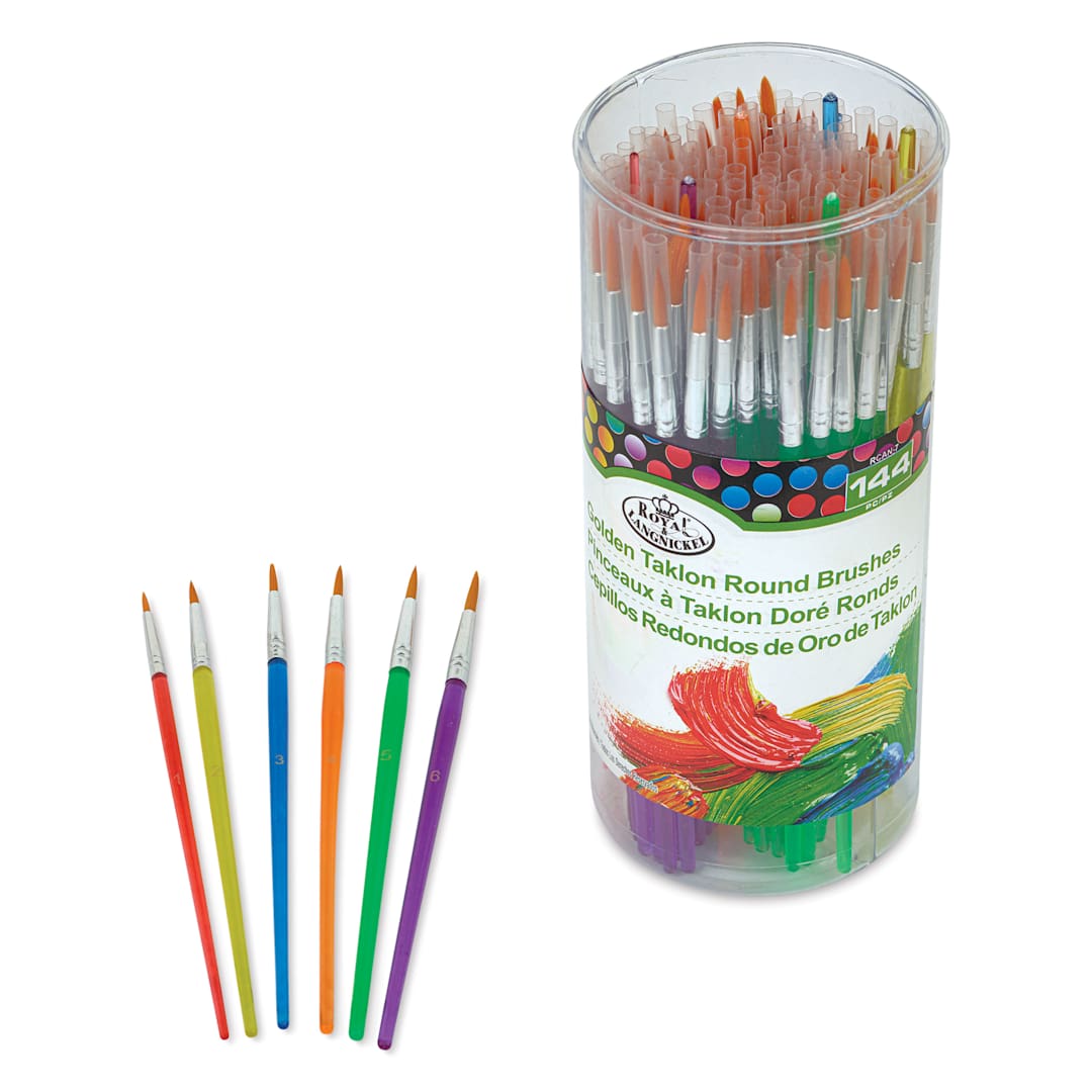 Open in modal - Royal & Langnickel Economy Golden Taklon Brushes - Round, Canister of 144, brushes laid out