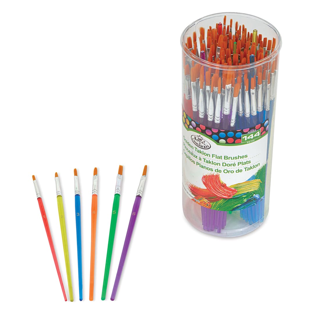 Open in modal - Royal & Langnickel Economy Golden Taklon Brushes - Flat, Canister of 144, brushes laid out