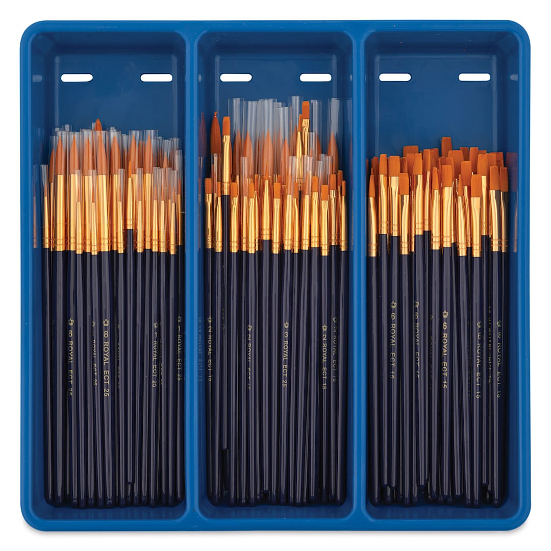 Open in modal - Royal & Langnickel Golden Taklon Wooden Handle Classroom Brush Assortment - Set of 144, inside tray