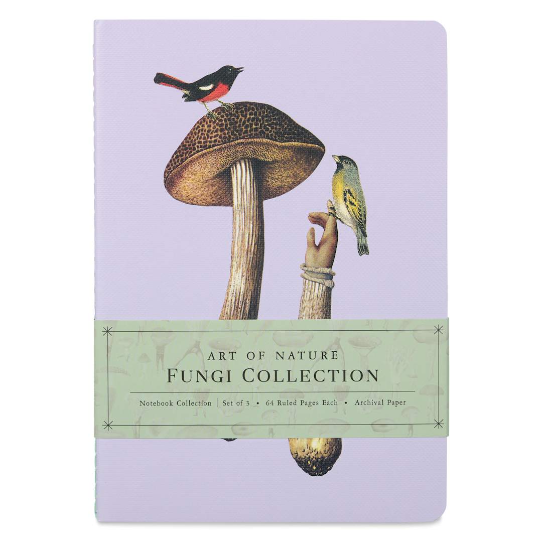 Open in modal - Art of Nature Sewn Notebook Set - Fungi, Set of 3, 6" x 8-1/2", 64 pages, mushroom with birds, front cover