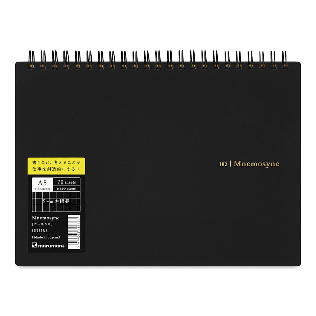 Open in modal - Maruman Mnemosyne Notebook - Black, A5, Graph, front with sticker