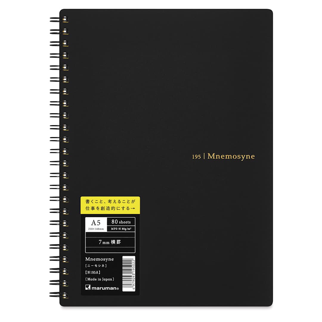 Open in modal - Maruman Mnemosyne Notebook - Black, A5, Lined, front with sticker