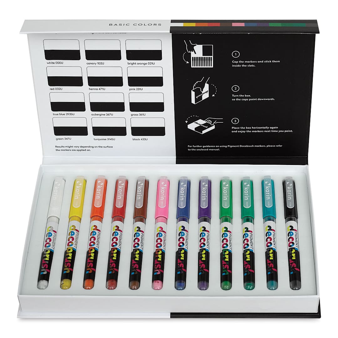 Open in modal - Karin Pigment Decobrush Markers - Basic Colors, Set of 12 (open box with markers)
