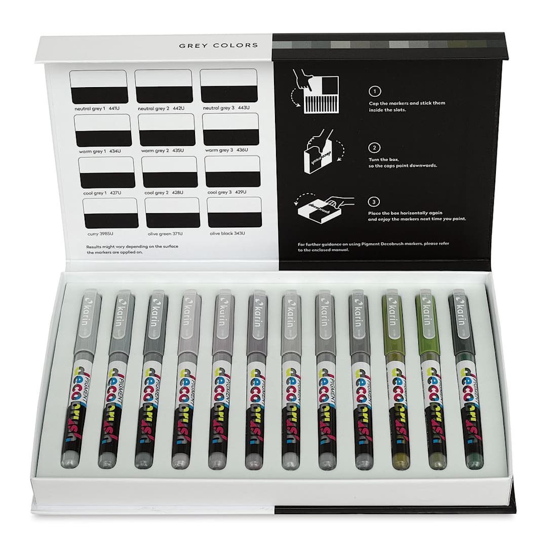 Open in modal - Karin Pigment Decobrush Markers - Grey Colors, Set of 12 (box open with markers)