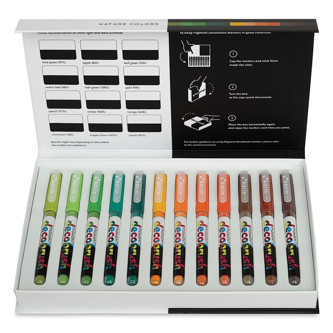 Open in modal - Karin Pigment Decobrush Markers - Nature Colors, Set of 12 (box open with markers)
