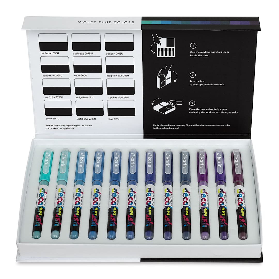 Open in modal - Karin Pigment Decobrush Markers - Violet Blue Colors, Set of 12 (box open with markers)