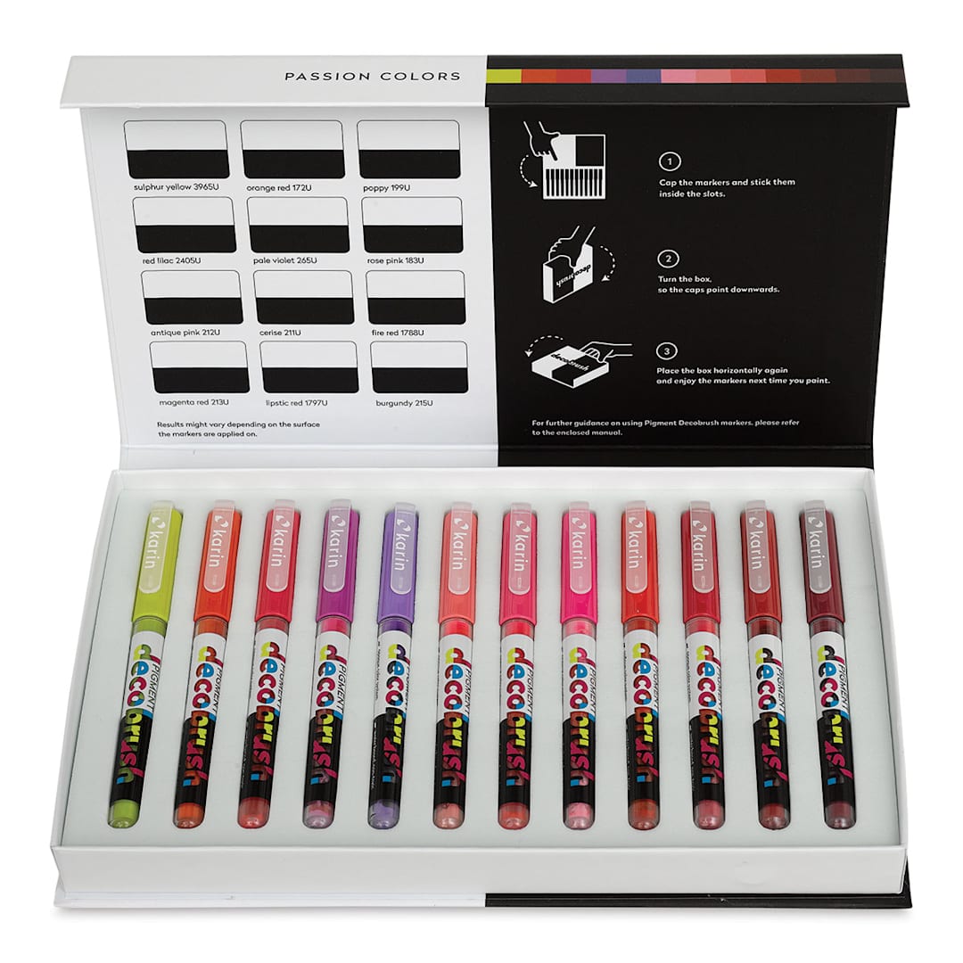Open in modal - Karin Pigment Decobrush Markers - Passion Colors, Set of 12 (box open with markers)