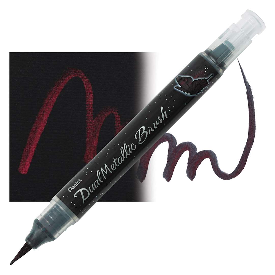 Open in modal - Pentel Arts Dual Metallic Brush Pen - Black/Metallic Red pen and swatch