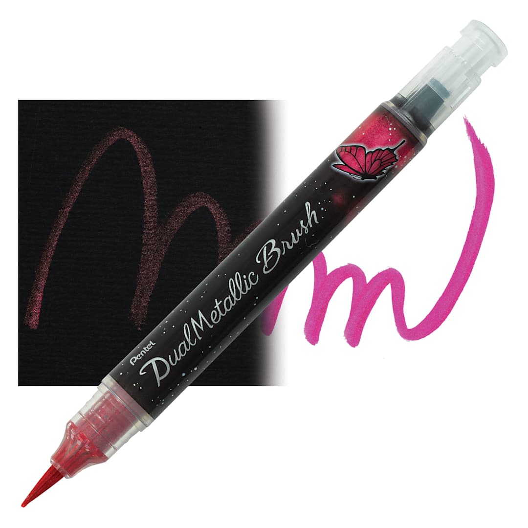 Open in modal - Pentel Arts Dual Metallic Brush Pen - Pink/Metallic Pink pen and swatch