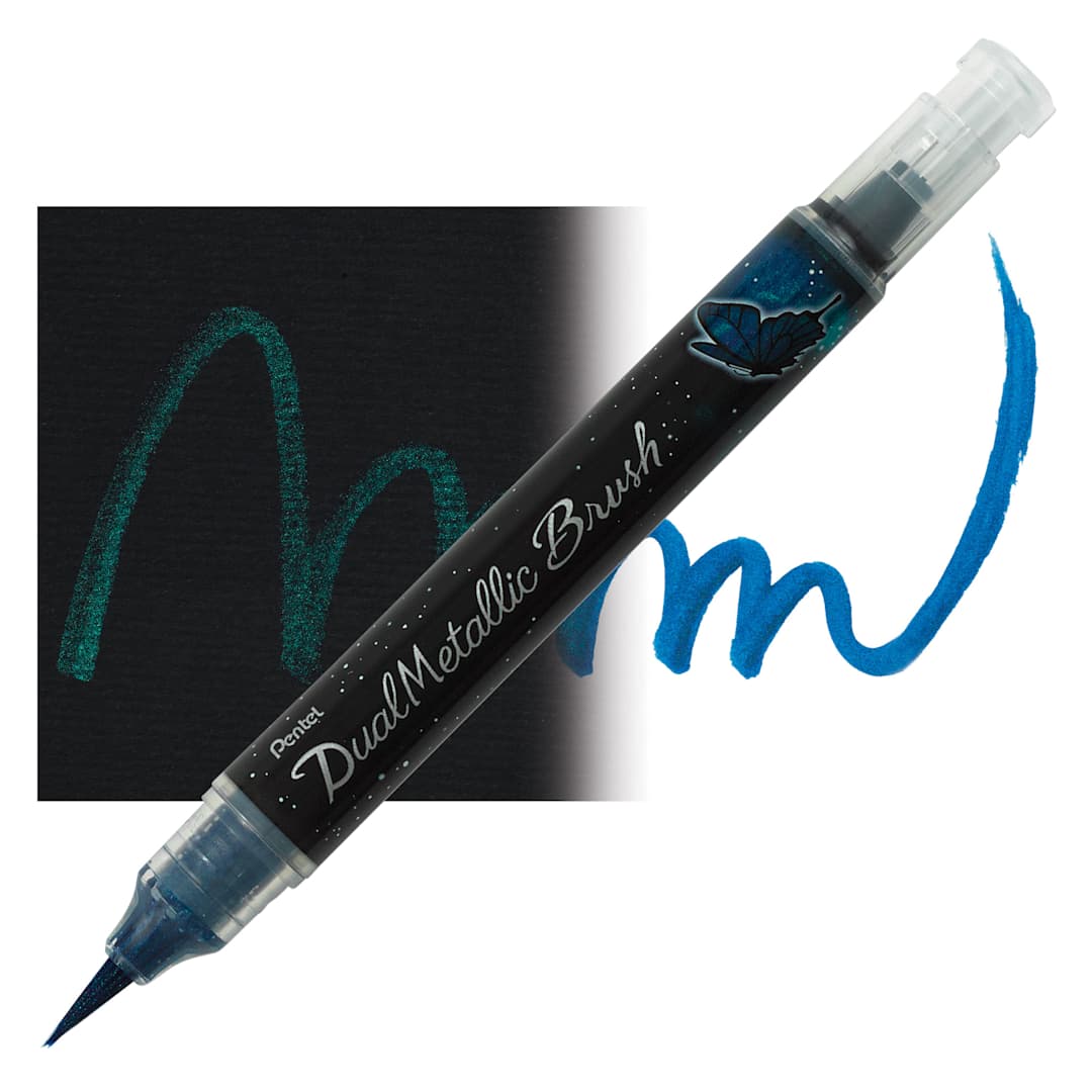 Open in modal - Pentel Arts Dual Metallic Brush Pen - Blue/Metallic Green pen and swatch