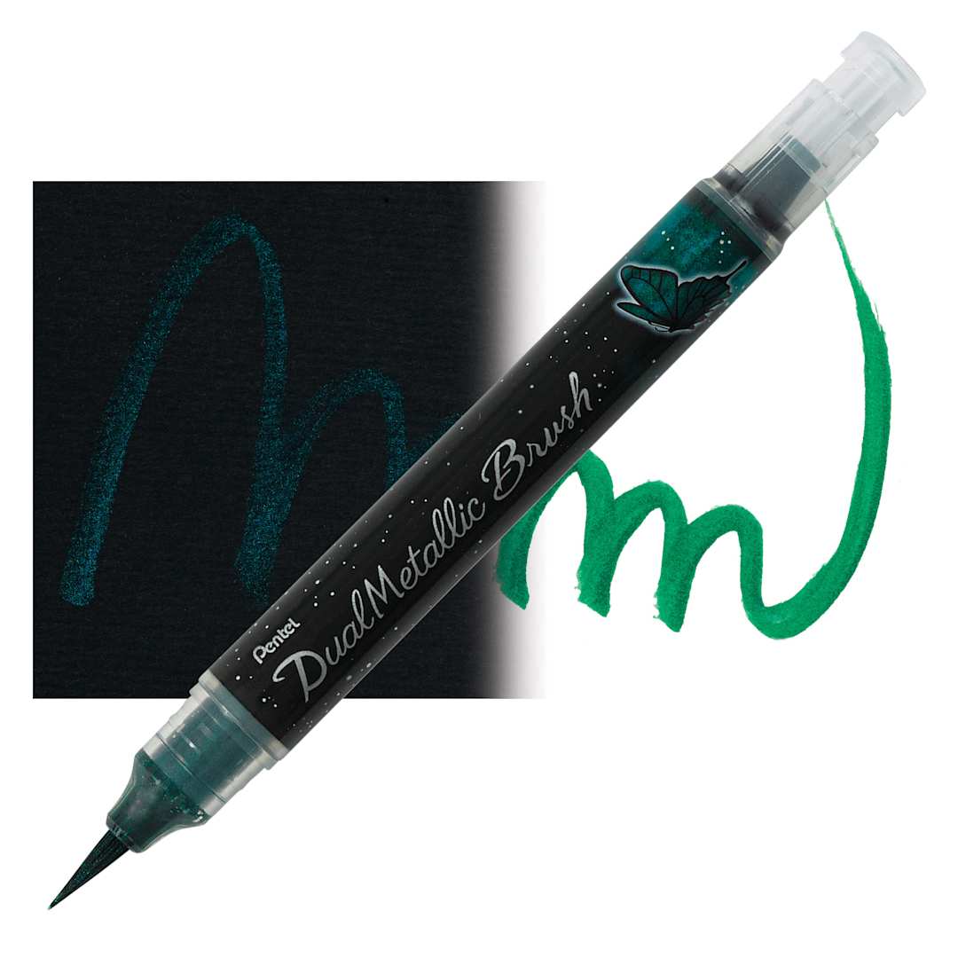 Open in modal - Pentel Arts Dual Metallic Brush Pen - Green/Metallic Blue pen and swatch