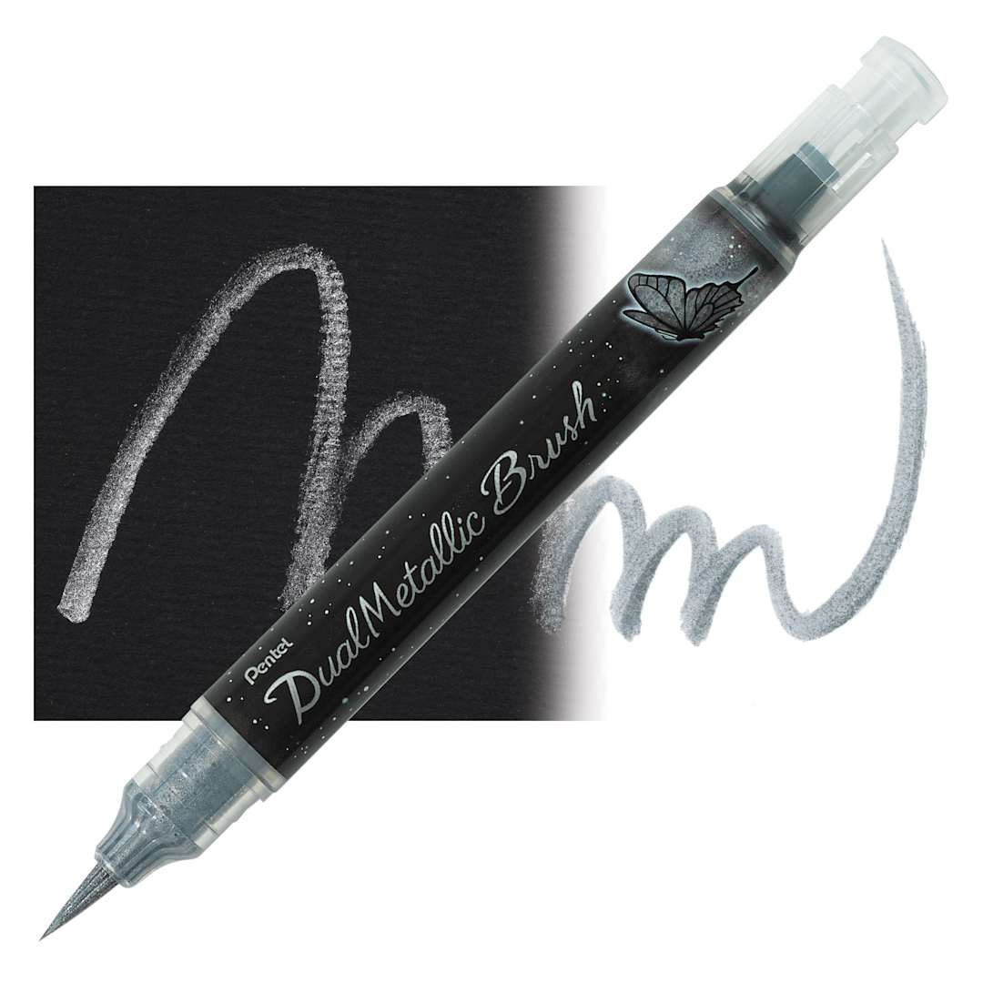 Open in modal - Pentel Arts Dual Metallic Brush Pen - Silver pen and swatch