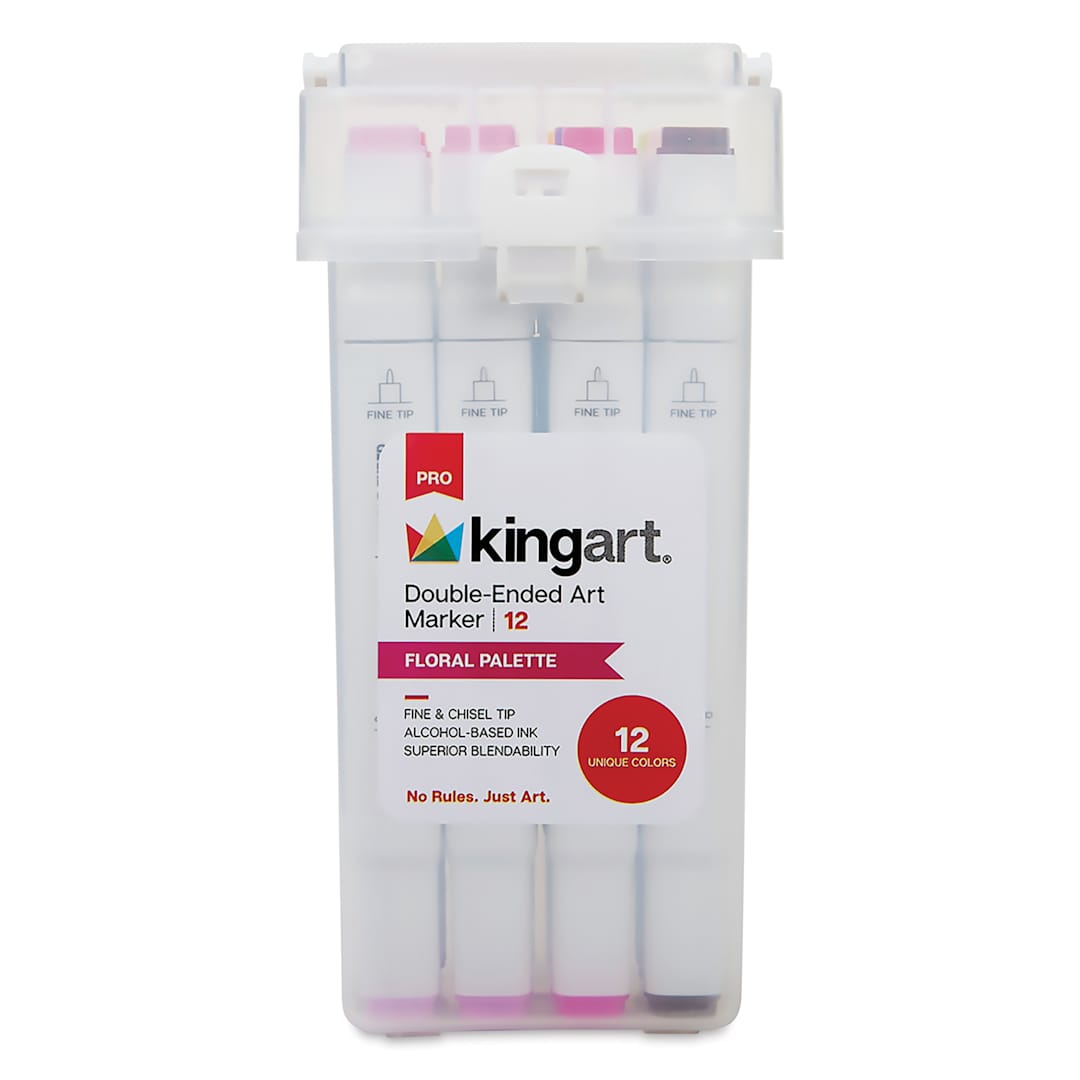Open in modal - Kingart Pro Double-Ended Art Alcohol Markers - Floral Palette, Set of 12, front of the packaging