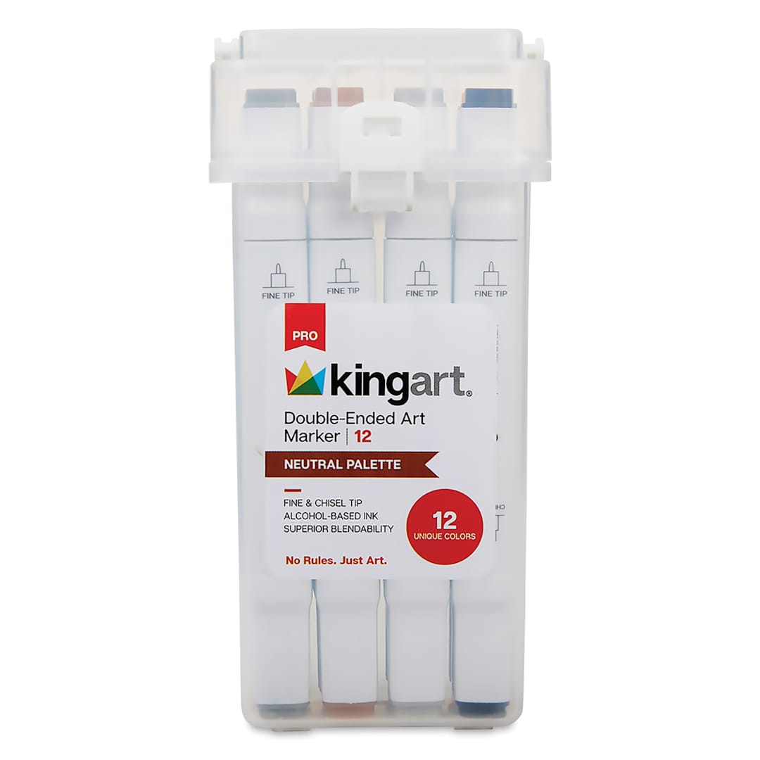 Open in modal - Kingart Pro Double-Ended Art Alcohol Markers - Neutral Palette, Set of 12, front of the packakging