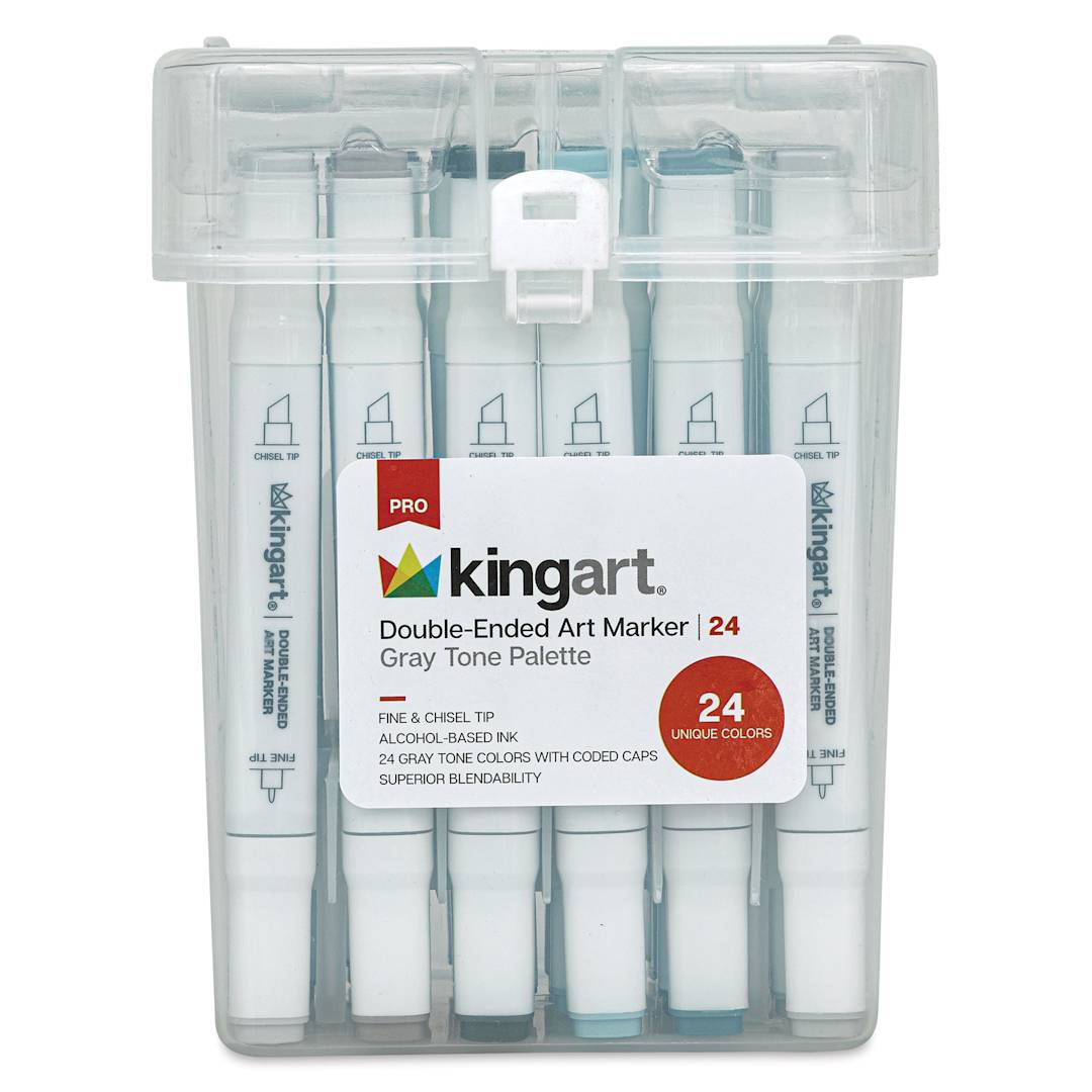 Open in modal - Kingart Pro Double-Ended Art Alcohol Markers - Grey Tones, Set of 24