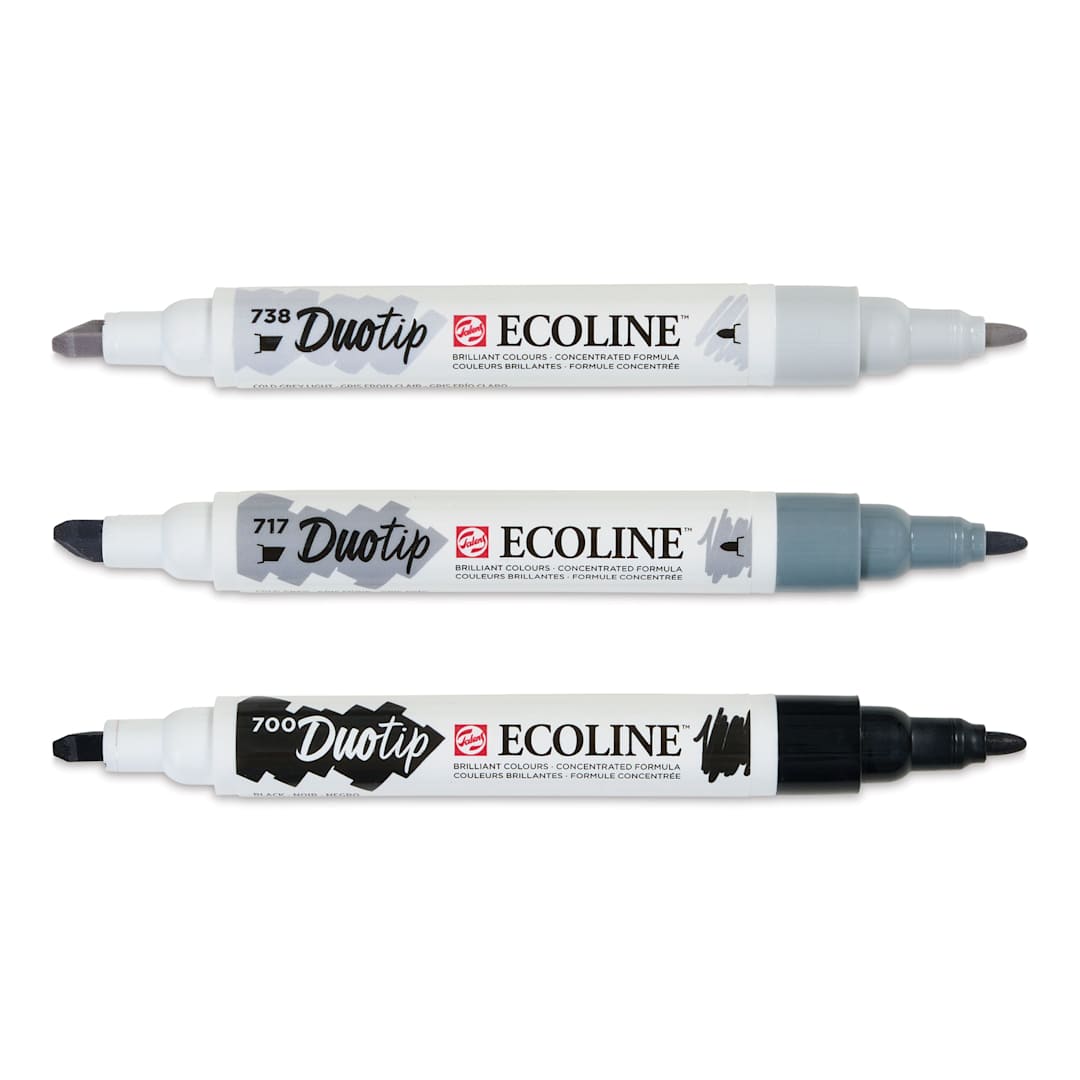 Open in modal - Royal Talens Ecoline DuoTip Markers - Black and Grey, Set of 3 with caps off
