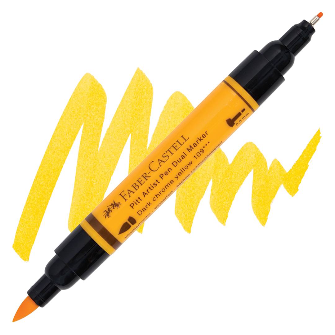 Open in modal - Faber-Castell Pitt Artist Pen Dual Tip Marker - Dark Chrome Yellow 109 marker and swatch