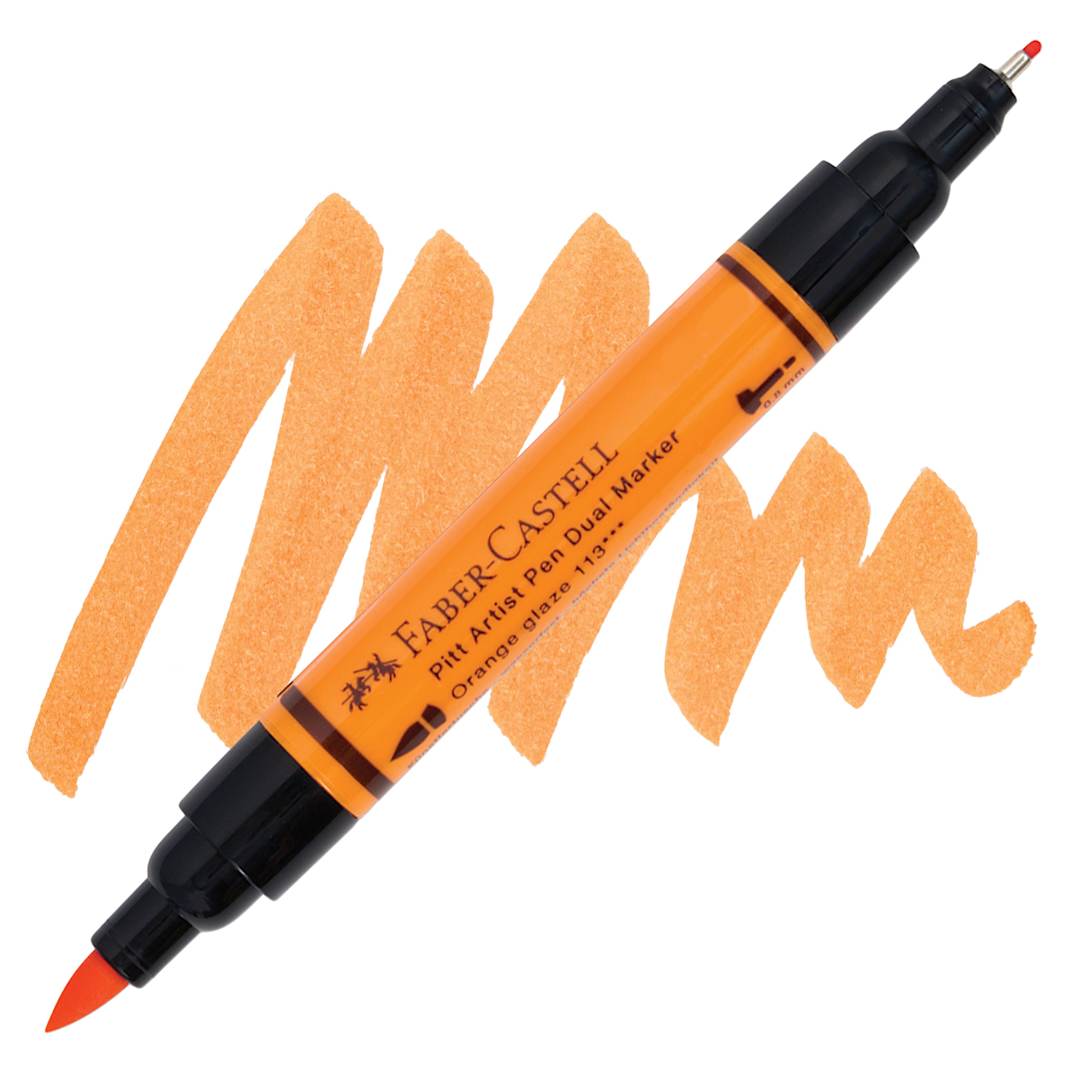 Open in modal - Faber-Castell Pitt Artist Pen Dual Tip Marker - Orange Glaze 113 marker and swatch