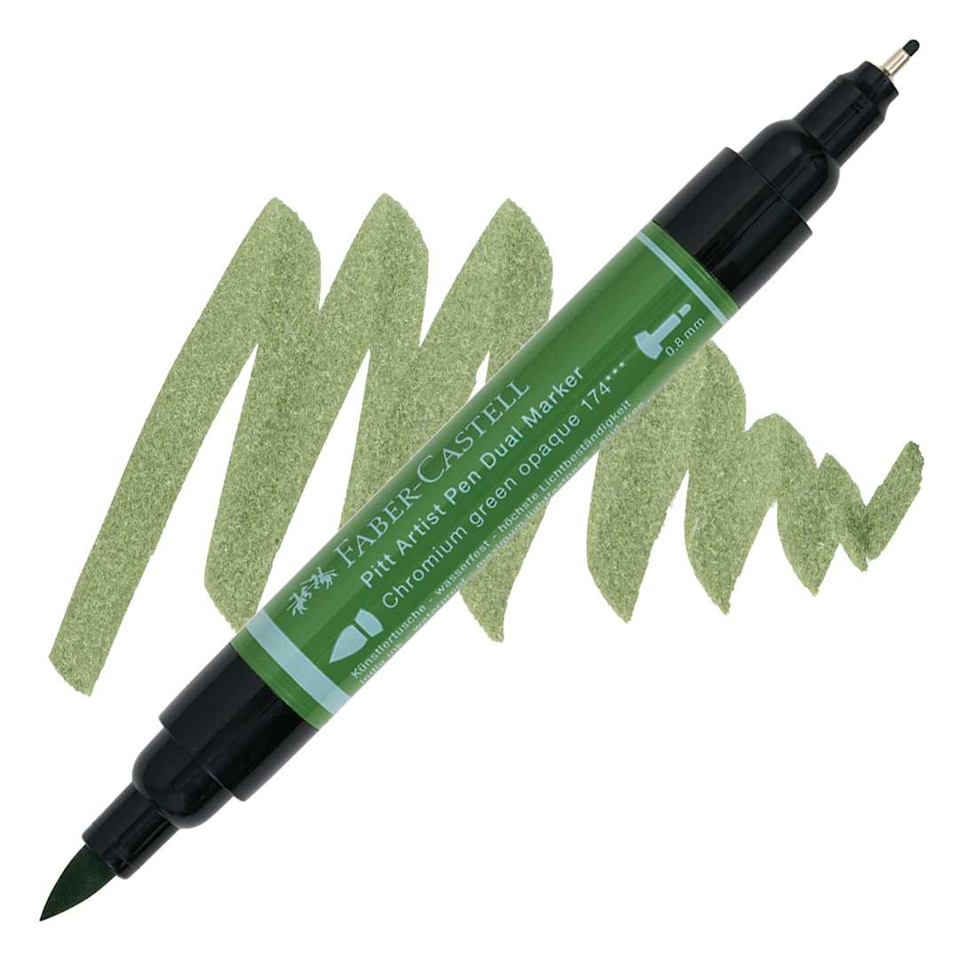 Open in modal - Faber-Castell Pitt Artist Pen Dual Tip Marker - Chrome Green Opaque 174 marker and swatch