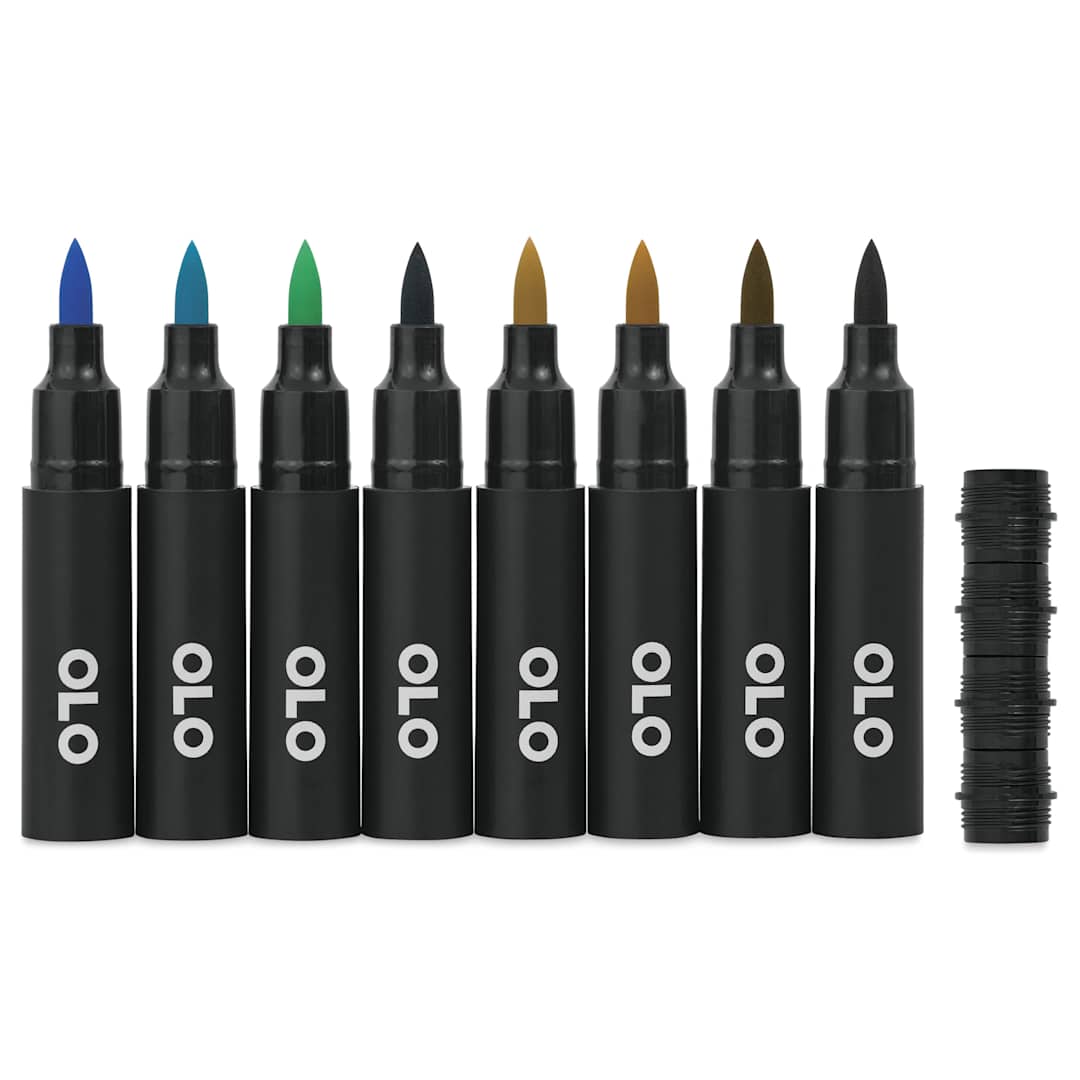 Open in modal - Olo Brush Dual-Tip Markers - Set of 8, Sea and Sky, caps off