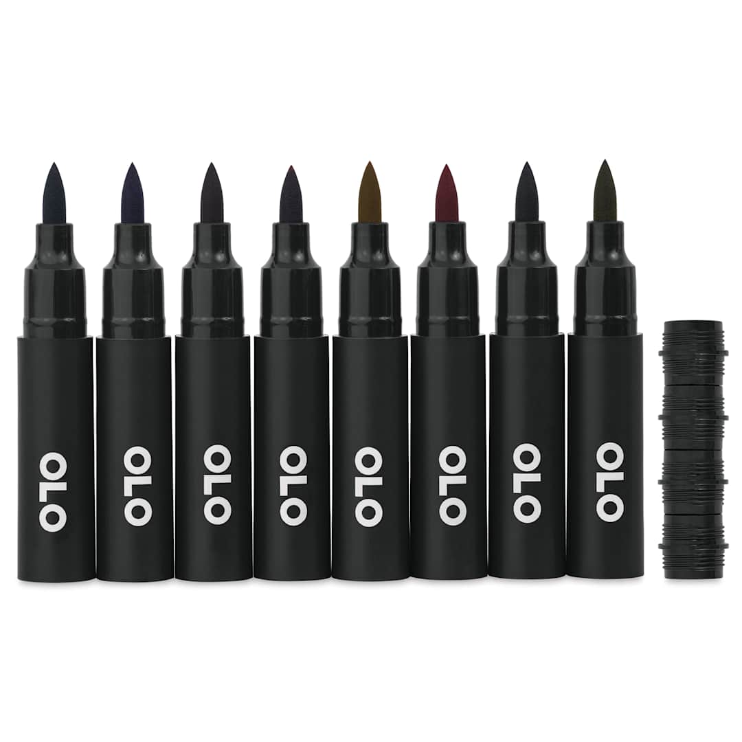 Open in modal - Olo Brush Dual-Tip Markers - Set of 8, Rich, caps off