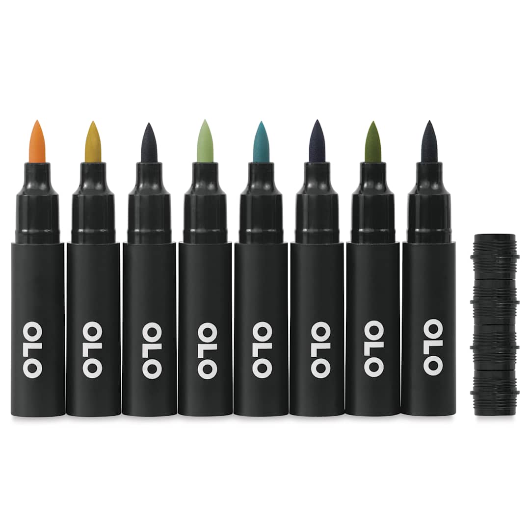 Open in modal - Olo Brush Dual-Tip Markers - Set of 8, Muted, caps off